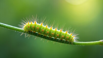 Naklejka premium Green hairy slowly crawls on slender green plant stem. Small larva displays bright yellow spots, orange dots. Insect moves through natural outdoor garden environment. Macro photo captures vivid