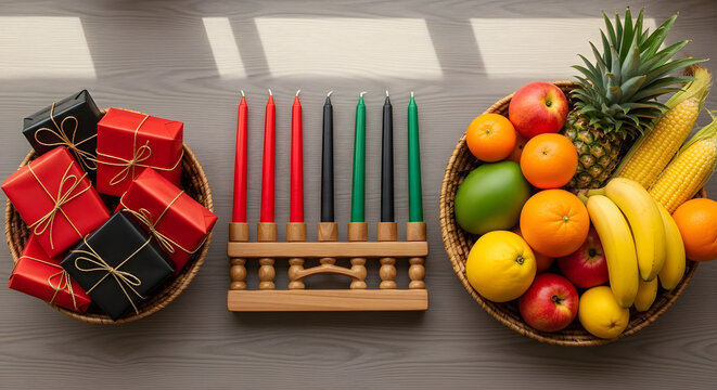 Kwanzaa celebration with kinara, gifts, and fresh fruit symbolizing unity and harvest - Powered by Adobe