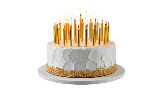 White frosted cake with many lit gold birthday candles on a white stand isolated on a transparent background