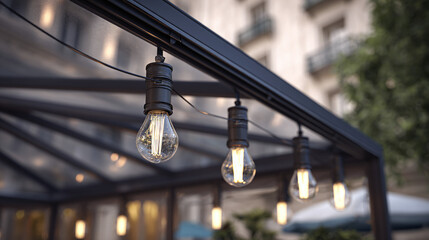 String lights illuminate a charming outdoor cafe, creating a warm ambiance. The image focuses on a series of decorative light bulbs hanging from a canopy.