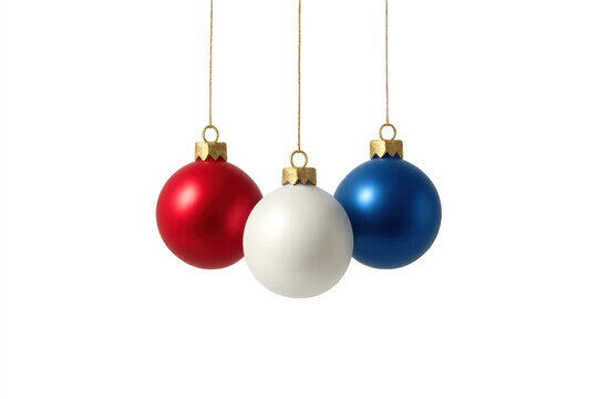 Red, white, and blue christmas ornament balls hanging, representing patriotism, usa holidays, independence, celebration - Powered by Adobe