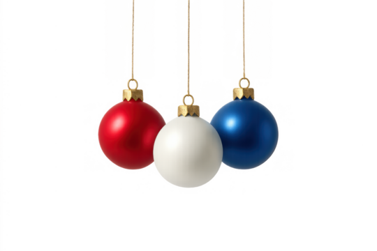 Red, white, and blue christmas ornament balls hanging, representing patriotism, usa holidays, independence, celebration