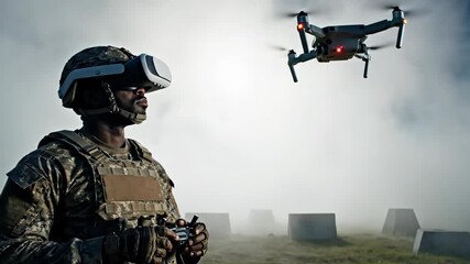 African american soldier in VR headset controlling drone with remote control for battlefield surveillance. Cloud dancer color of year 2026 - Powered by Adobe