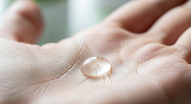 Close Up Human Hand Holding Transparent Water Drop on Palm in Natural Light