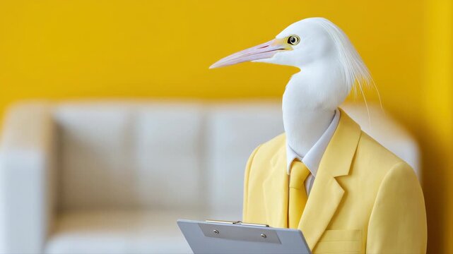 Eccentric egret in yellow blazer analyzing data on clipboard against yellow backdrop