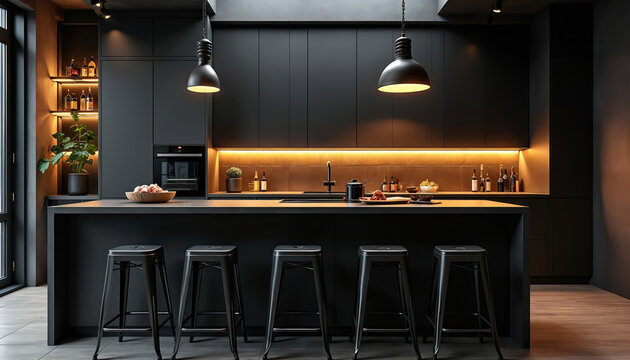 Dark modern kitchen design with island and stools. Elegant black cabinetry contrast with warm lighting. Contemporary interior space perfect for culinary projects or home decor - Powered by Adobe