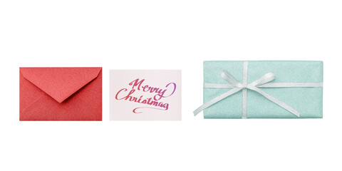 Cutout of a closed red glitter envelope with a white message card and a pale blue green gift, shown in overhead view
