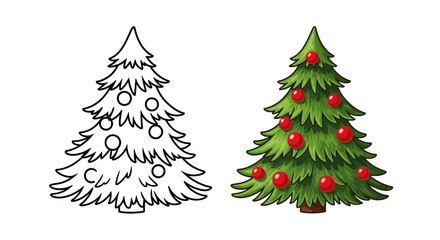 Fototapeta premium Festive Christmas tree coloring activity, holiday fun with classic evergreen and ornaments, perfect for seasonal designs and creative projects, scalable vector