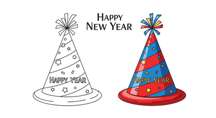 Festive New Year party hats, one ready to color, promising creative fun, vibrant celebration, and joyful moments for a memorable start, scalable design