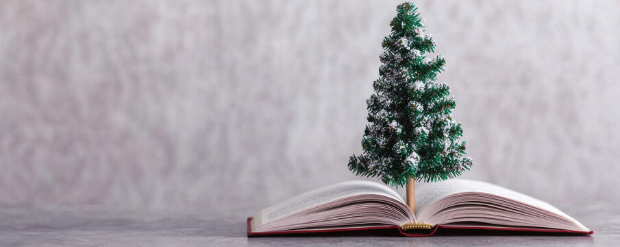 Christmas tree stands on open book symbolizing holiday story magic and festive inspiration with winter decoration indoors