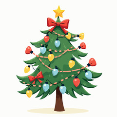 Brightly Decorated Cartoon Christmas Tree with Lights, Star, and Bows