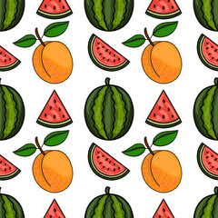 A vibrant and cheerful seamless vector pattern featuring stylized illustrations of whole watermelons, watermelon slices, and ripe apricots with green leaves on a clean white background, perfect for...