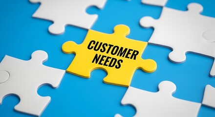 A bright yellow puzzle piece with the words customer needs stands out against a blue background, symbolizing understanding