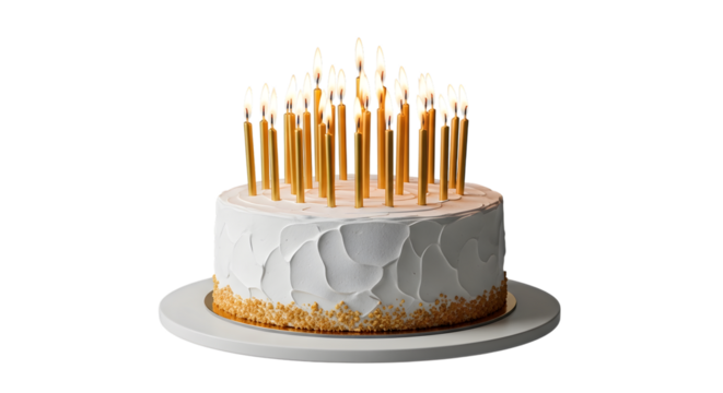 White frosted cake with numerous lit gold birthday candles on a white cake stand isolated on a transparent background