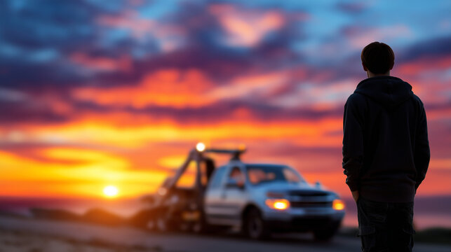 Faceless silhouette against sunset as a tow truck with an indistinct vehicle drives away, dreamy defocused horizon, with copy space
