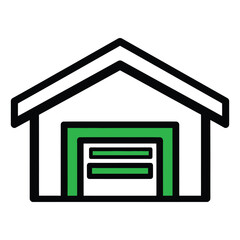 Minimalist Garage Icon Illustration with Bold Outlines and Green Accents Depicting Storage and Security for Vehicles and Personal Belongings in Simple Design