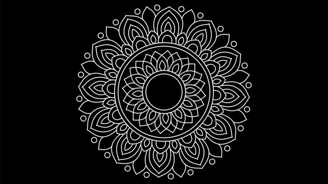 Elegant white mandala illustration on a black background, radiating intricate floral patterns and symmetrical design elements