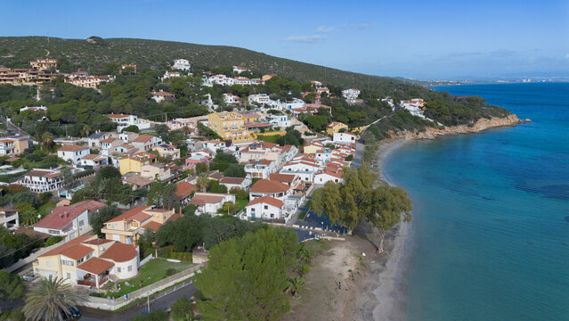 Coastal village and turquoise bay of Maladroxia in Sant Antioco.
