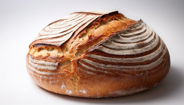 artisan sourdough bread with crisp crust and flour pattern on white background