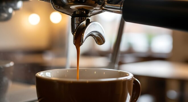 Coffee Machine Pouring Hot Coffee Into White Mug in Cozy CafÃ© Setting