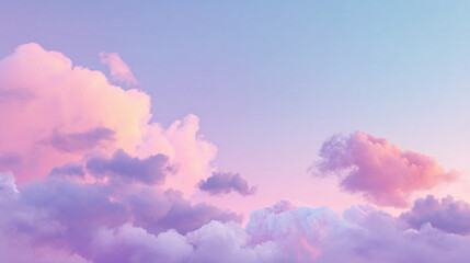 A dreamy, pastel sky filled with fluffy clouds, creating a soft and serene atmosphere. The clouds are painted with shades of pink, purple, and blue