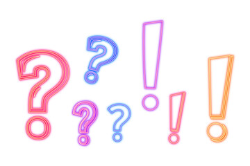 Neon effect neon question marks and exclamation points in various colors isolated on transparent background