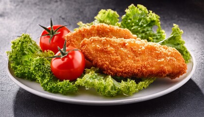 crispy breaded chicken fillet on lettuce with cherry tomato