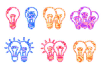 Neon effect set of colorful light bulb icons with different designs and arrangements, isolated on transparent background