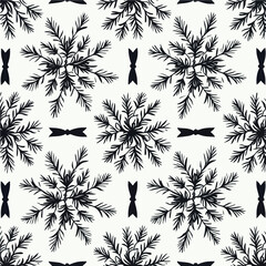 Monochrome Christmas Seamless Pattern with Hand-Drawn Pine Branches and Bows