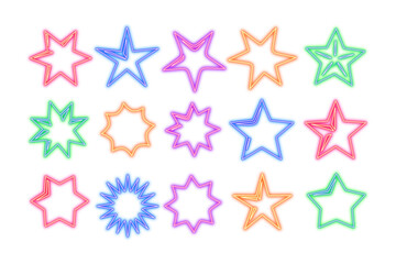 Neon effect collection of colorful star shapes with a glitter effect, isolated on transparent background