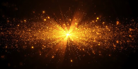 Luxurious gold light burst with shining particles radiating from luminous spot creating ethereal glow and glittering effect on dark canvas