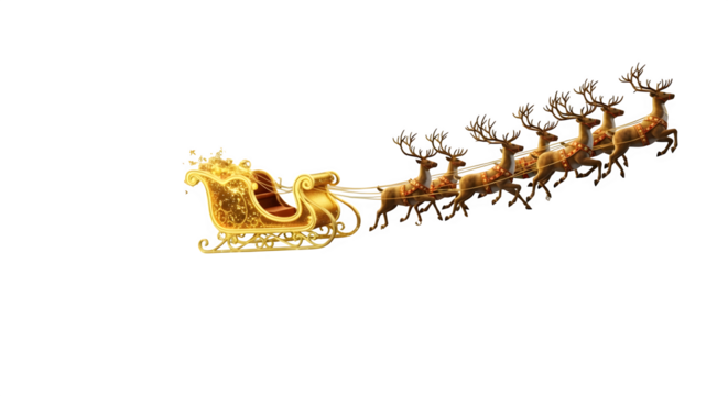 Santa’s Sleigh with Reindeer 3d rendered, isolated on transparent background