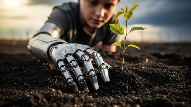 Bionic Future Growth: A young boy with a robotic arm carefully plants a small tree seedling in fertile soil, symbolizing hope, innovation, and a sustainable future.