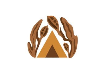 Stylized brown seed pods and plant forms encircling an orange and brown tent shape