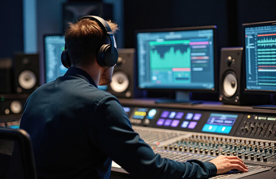 Sound engineer in headphones works with audio mixer. Man produces music in modern studio using tech. Producer works at console with monitor and controls audio tracks