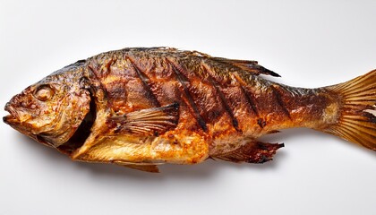 grilled whole fish on white background with crispy skin and rich texture