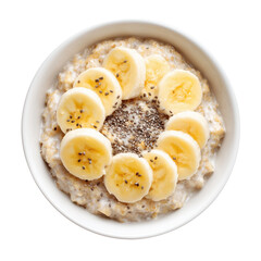 A bowl of creamy oatmeal topped with fresh banana slices and chia seeds, presented in a clean white bowl.