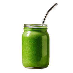 This image shows a vibrant green smoothie served in a clear mason jar, filled to the top with a thick, creamy blended texture.