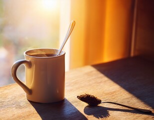 morning light on coffee mug and instant coffee spoon by sunlit window