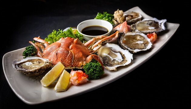 luxurious seafood platter with oysters crab and sushi surrounded by soy sauce and fresh salad - Powered by Adobe