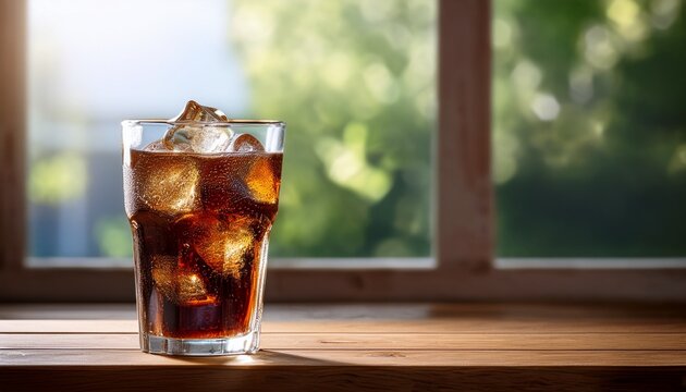 refreshing glass of cola with ice on wooden table by window
