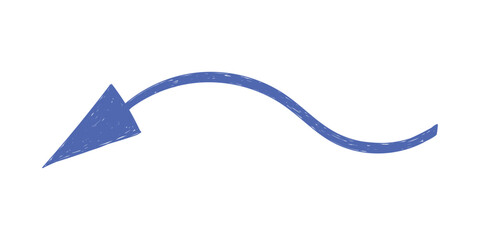 Hand drawn crayon movement blue arrow. Grunge squiggly arrow. Pencil chalk lines sketch. Color brush scribble element. Doodle vector illustration.