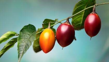 ripe and unripe tamarillo on branch with green leaves