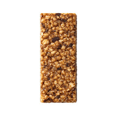 A close-up image of a crunchy granola bar isolated on a clean background, highlighting its oat and nut texture. Perfect for themes related to healthy snacks, nutrition bars, organic food, 