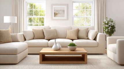 Fototapeta premium Cozy living room features a stylish beige sofa and elegant decor, filled with sunlight. Green plants add freshness, creating a welcoming atmosphere for relaxation and socializing