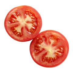 Two fresh red tomato halves displayed on a black background. The image highlights the juicy texture, seeds, and vibrant color, showcasing the natural freshness and ripeness of the tomatoes.