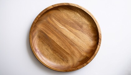 top view of an eco friendly reusable wooden round shaped plate on an isolated background