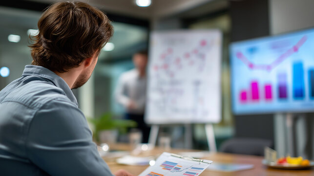 Defocused faceless economist in the foreground reviewing blurred financial charts while messy equations on the whiteboard are in sharp focus, conference room mood, with copy space