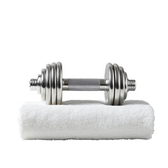 A high-quality studio image of a chrome dumbbell placed on a neatly folded white towel, isolated on a clean background. Ideal for themes related to fitness, strength training, gym equipment, wellness,