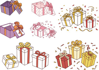 Hand Drawn Gift Box Vector Set with Confetti and Ribbons